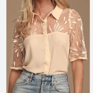 Lulus Light Peach Embroidered Sequin Short Sleeve Button-Up Top